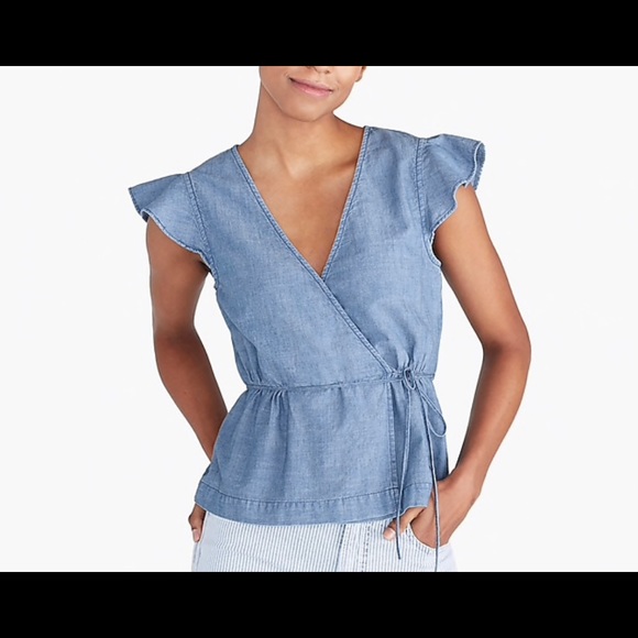 J. Crew Tops - J. Crew Chambray Flutter Sleeve Faux Wrap Top